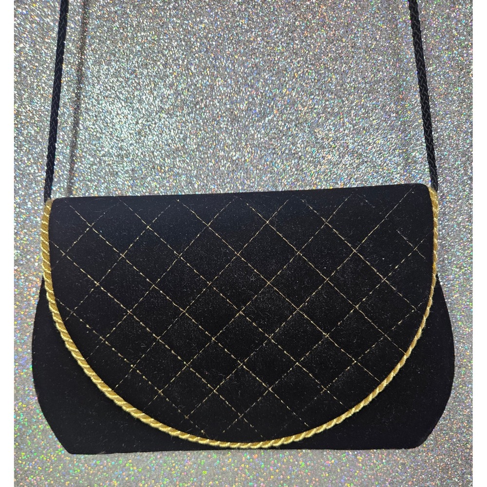 COURTENAY Vintage Black‎ Velvet Quilted Stitched Gold Trim Evening Crossbody Bag